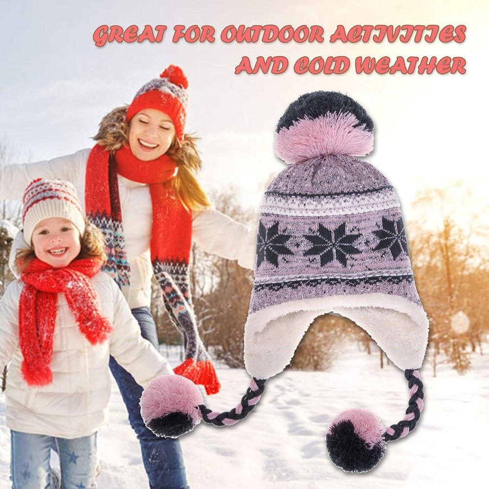 Women Pink Pompom Long Ear Straps Beanie Winter Warm Fleece Lined Ski Hats Cap - Picture 5 of 6